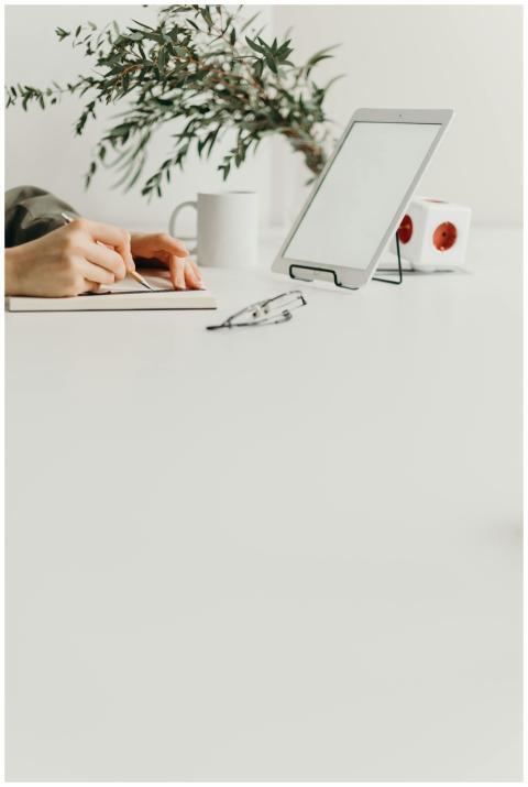 A clean, minimalist workspace with a tablet, plant