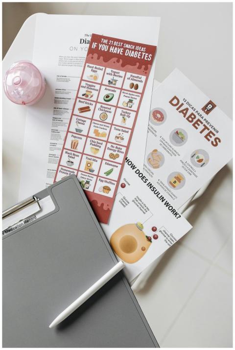 Top view of diabetes educational flyers on a table
