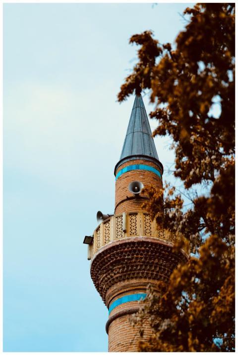 Tall brick minaret with intricate design and azure