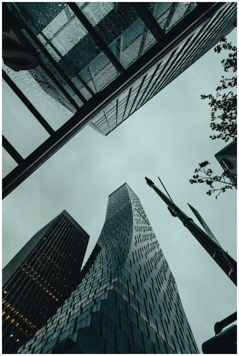 Upward view of Seattle skyscrapers with reflective