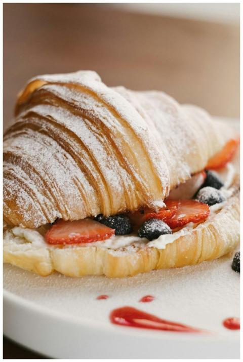 Close-up of flaky croissant filled with juicy berr