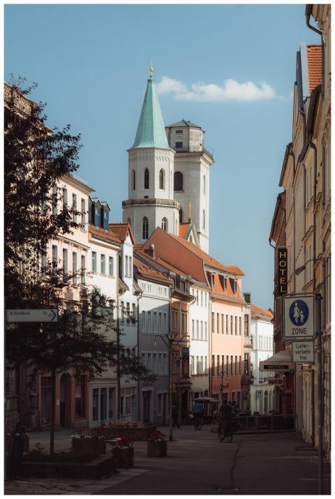 Charming street in Zittau, Germany with historic b