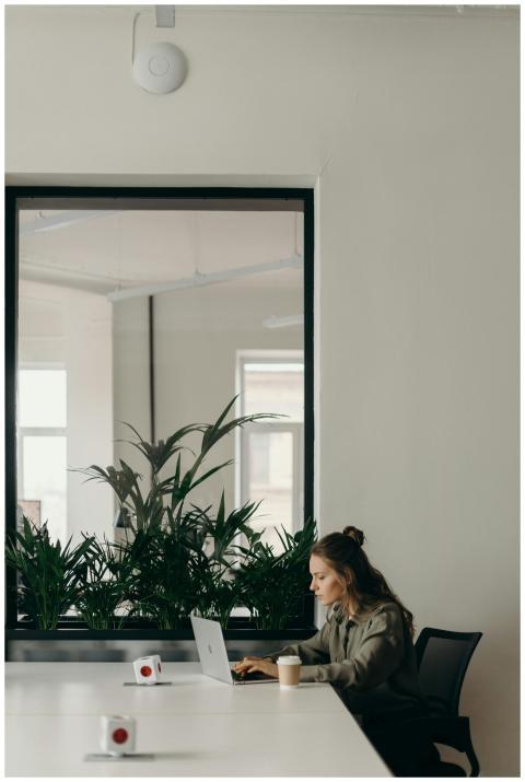 Woman working on a laptop in a minimalist home off
