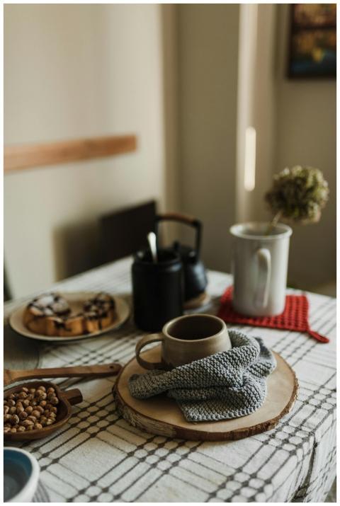 Charming rustic breakfast setup with a ceramic mug