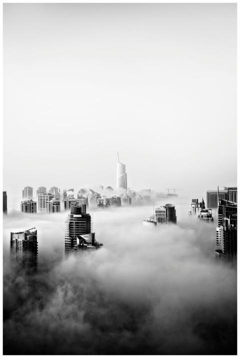 Stunning black and white panorama of Dubai skyline