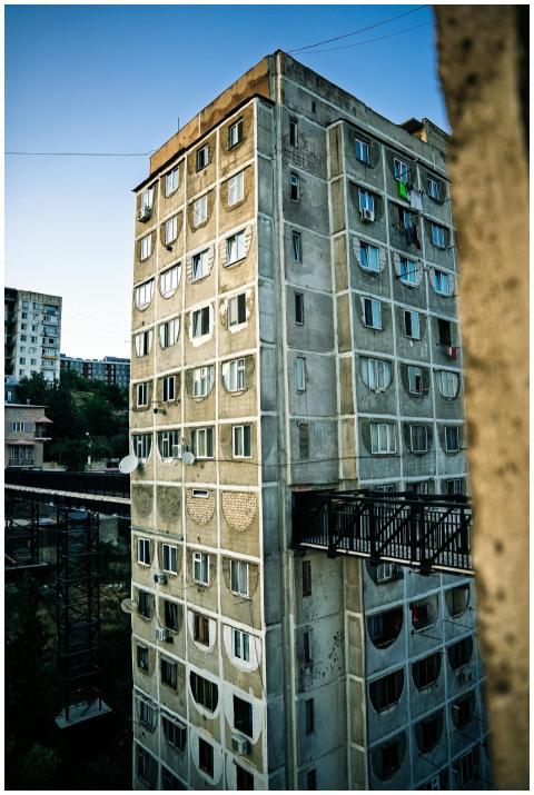A striking view of Soviet-era apartment building i