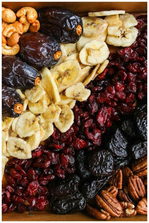 Colorful assortment of dried fruits and nuts, incl