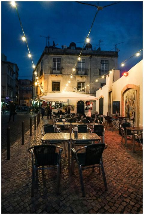 Cozy outdoor café with string lights adds charm to