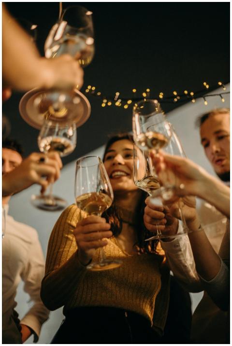Friends celebrating with a wine toast at an indoor