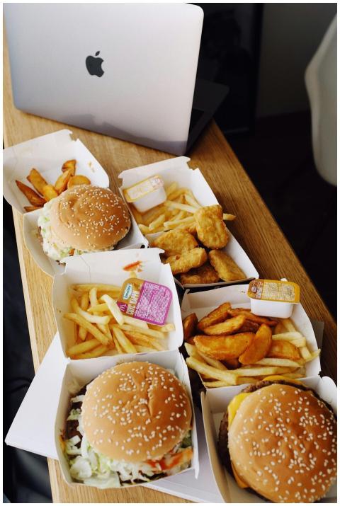 Appetizing fast food spread with burgers, fries, a
