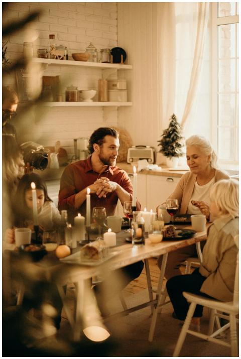 Family enjoying a warm holiday dinner together wit