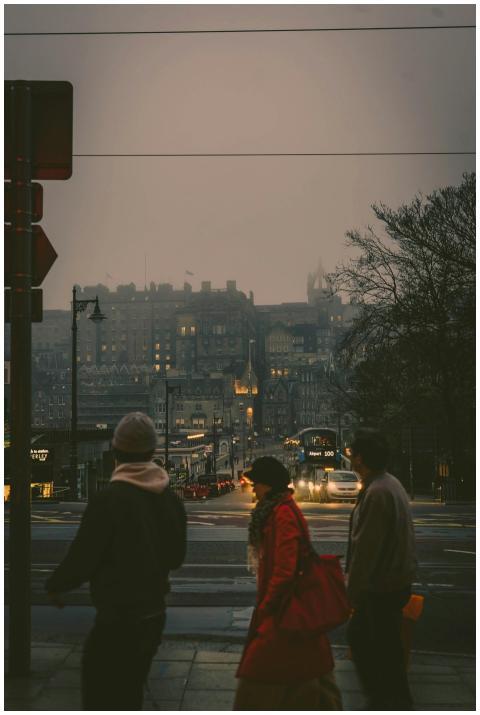 Atmospheric evening view of Edinburgh's urban stre