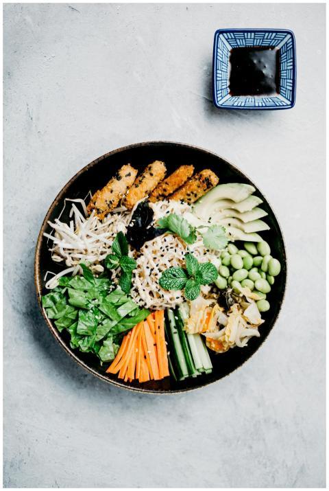 Colorful Buddha bowl with fresh veggies, tofu, and