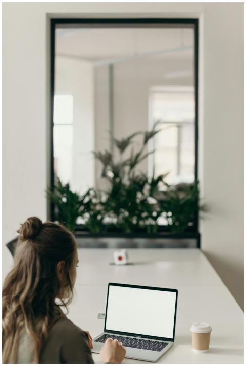 Woman working on a laptop in a modern home office