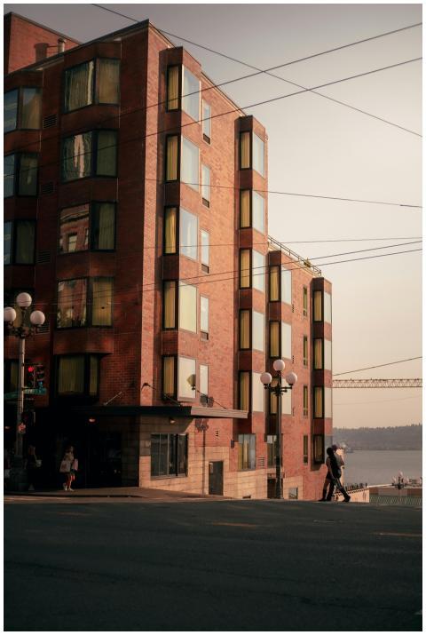 A warm, moody scene of an urban building at dusk w