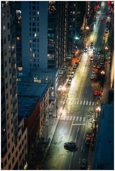 Aerial view of a rainy street in downtown Seattle