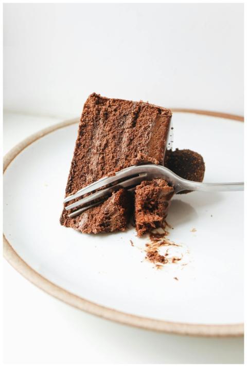 A delicious slice of chocolate cake with a fork on