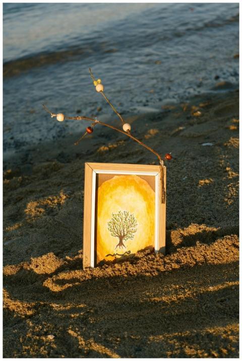 Framed tree illustration in sand by water during s