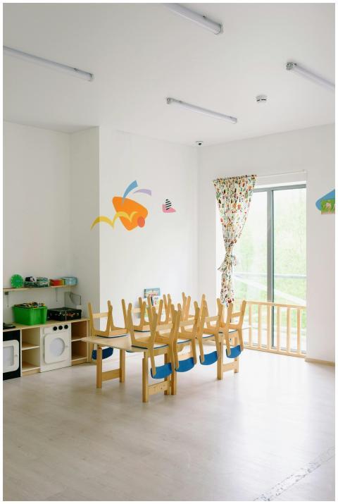 Spacious and bright kindergarten classroom with ch