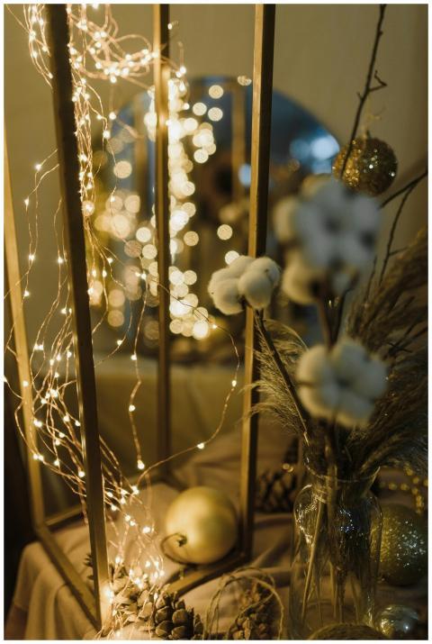 Cozy indoor holiday decorations with warm string l