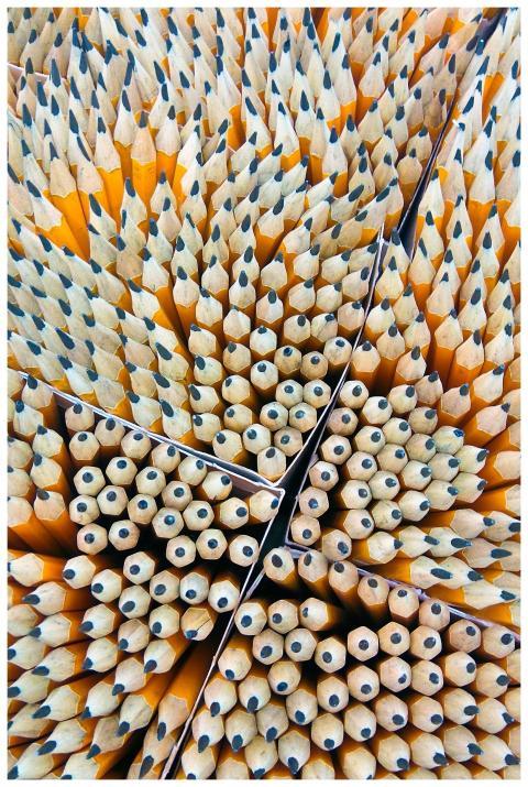 Close-up of sharpened wooden pencils organized in