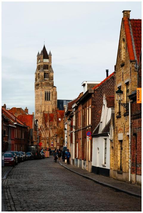 Cobblestone street leading to the Belfry of Bruges