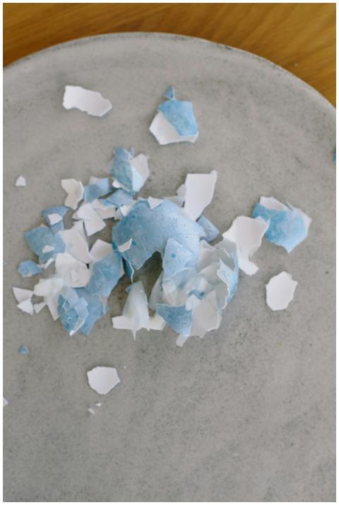A top-down view of broken blue and white eggshells