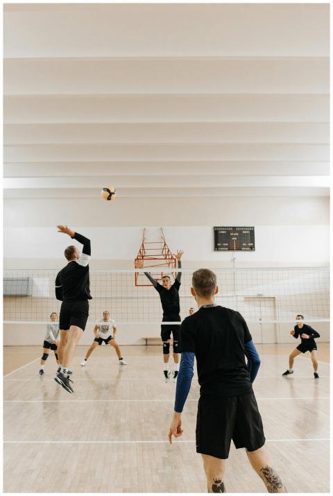 A thrilling moment in an indoor volleyball match w
