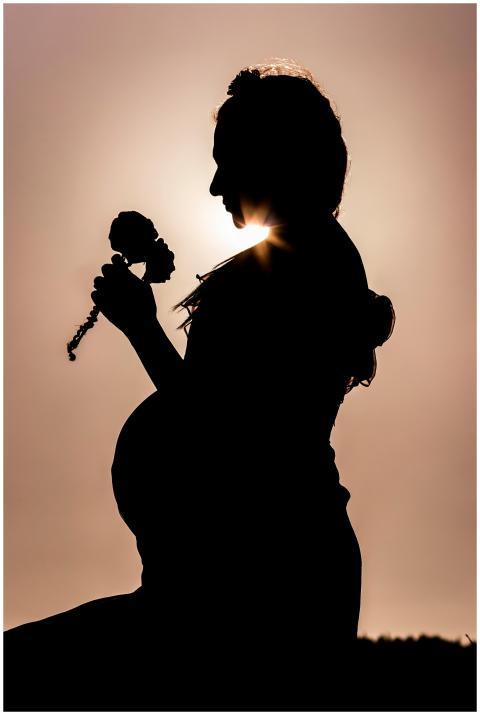Pregnant woman holding a flower in silhouette agai