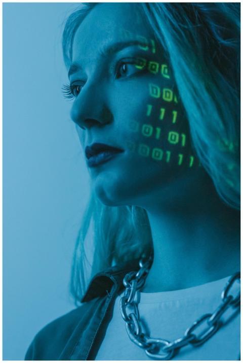 Tech-inspired portrait of a woman with digital cod