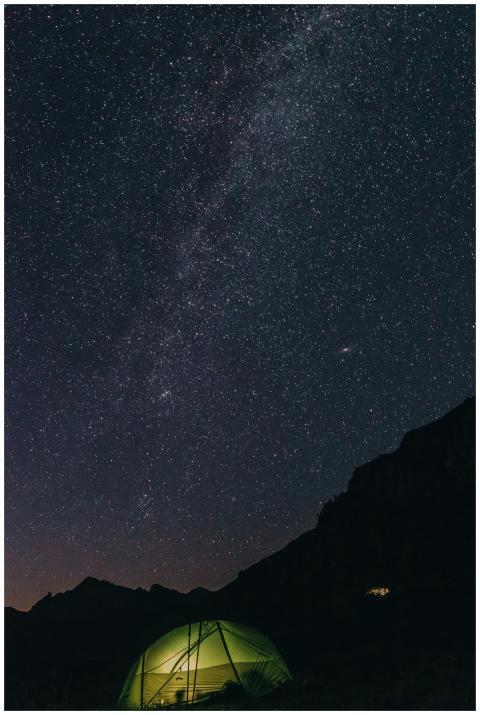 A glowing tent under a starry night sky and Milky