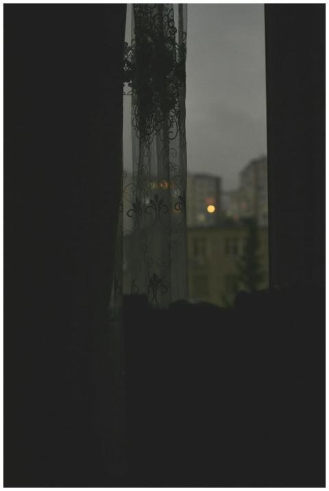 A moody cityscape is seen through delicate lace cu