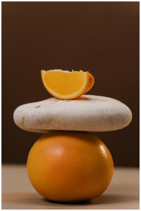 A grapefruit and stone creatively balanced on a br