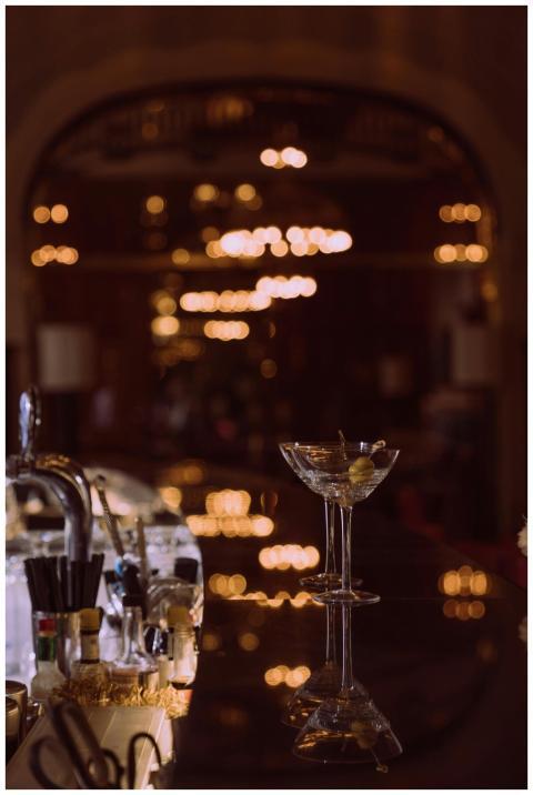 Elegant cocktail glasses on a luxurious bar counte