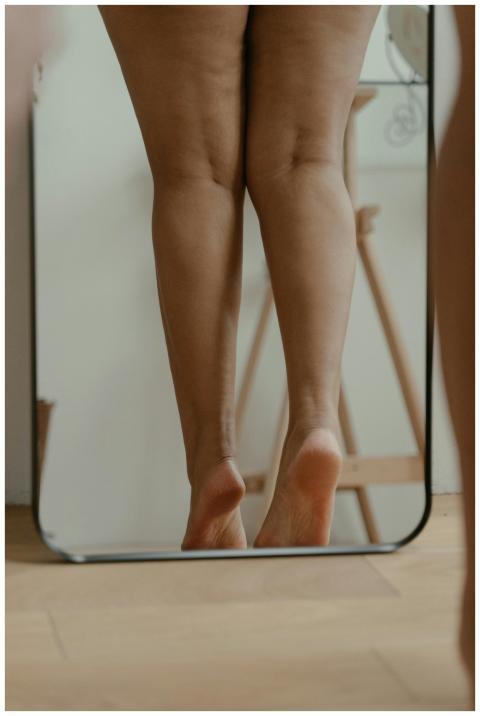 Artistic reflection of a woman's legs in a mirror,