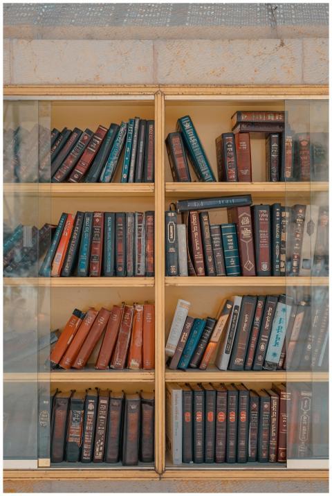 Glass-fronted bookshelf in Jerusalem displaying vi