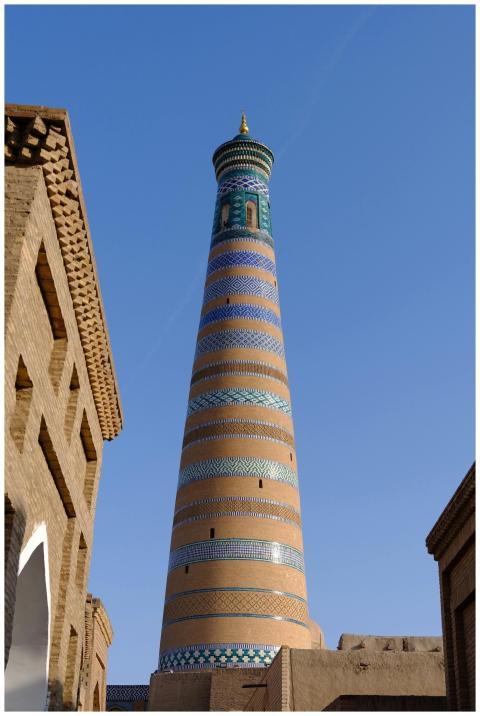 Sunlit view of the Islam Khoja Minaret in Khiva, s