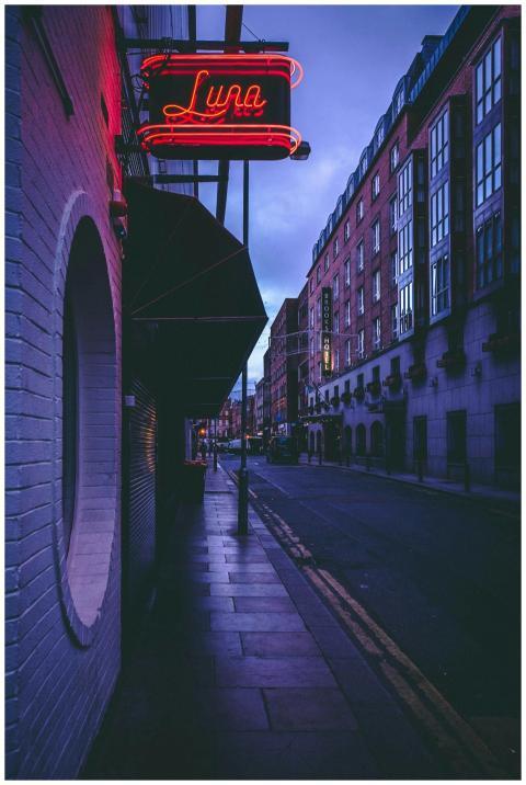 Atmospheric street scene in Dublin with neon light