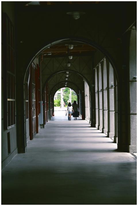 Person walking through a long, shadowy arched hall