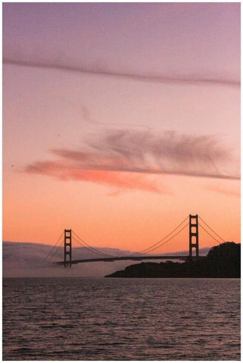 Golden Gate Bridge silhouetted against a colorful
