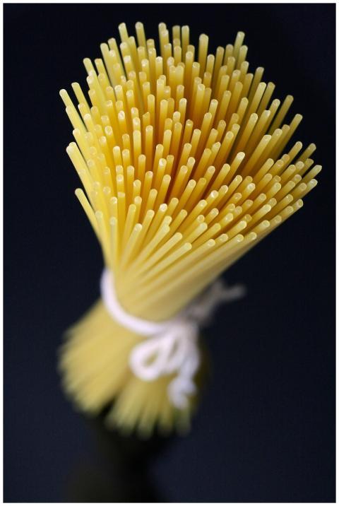 High-angle view of a neatly tied bundle of uncooke