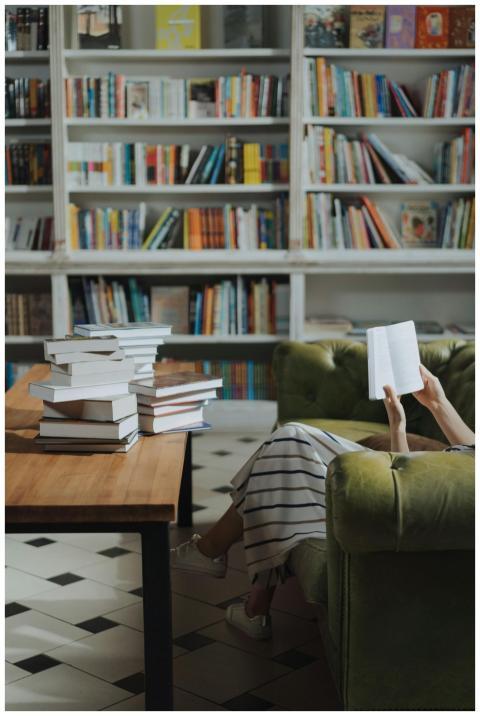 Relaxing with a book in a cozy home library with s