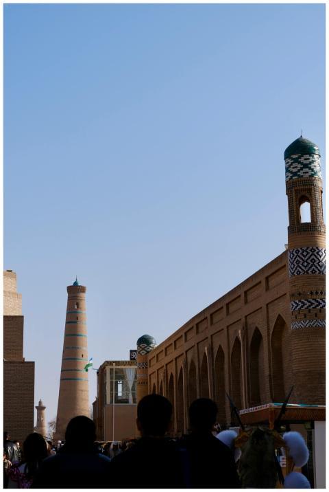 View of historic minarets in Khiva, Uzbekistan, ag