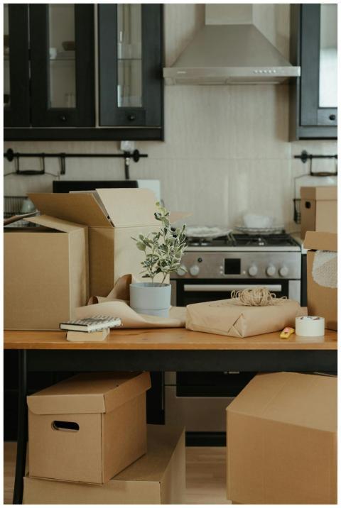A home kitchen featuring moving boxes, packing mat