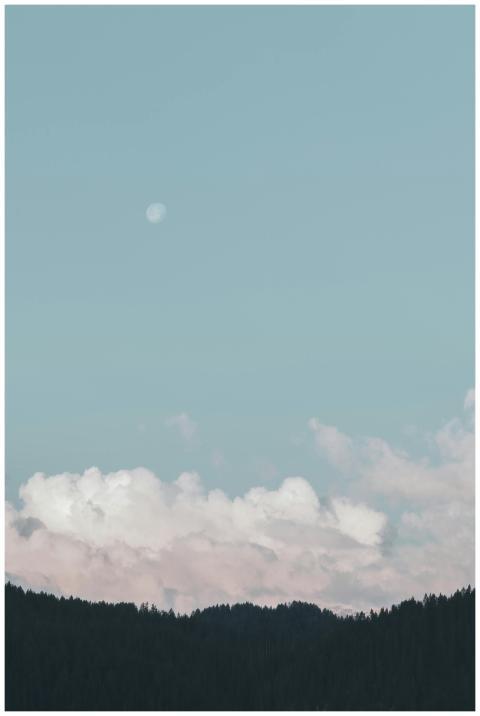 A peaceful scene of clouds and a moon above a fore