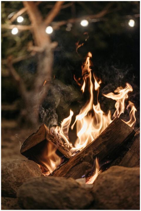 Warm campfire burning outdoors at night, surrounde