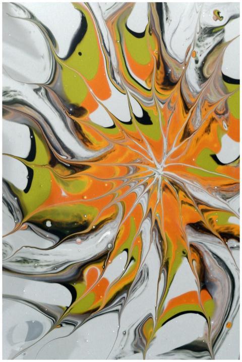 Vibrant fluid art painting featuring swirling oran