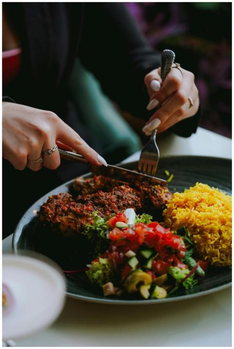 Close-up of a delicious dinner with grilled meat,