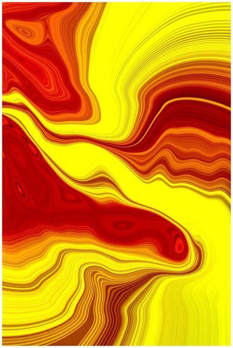 Dynamic abstract artwork featuring vivid red and y