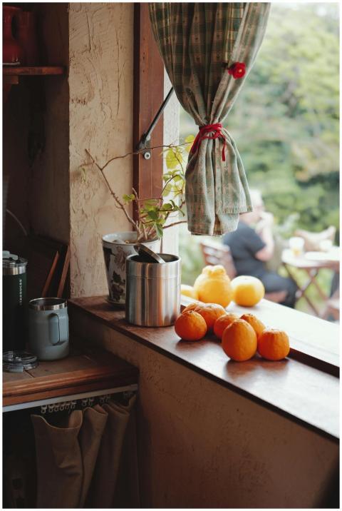 Warm rustic kitchen window with oranges and view o